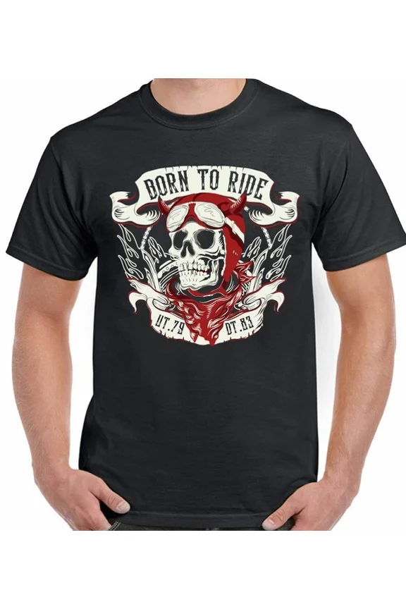 Hot Trending Tee With Biker T-Shirt Motorbike Motorcycle Skull Bike Born To Ride Mens Womens