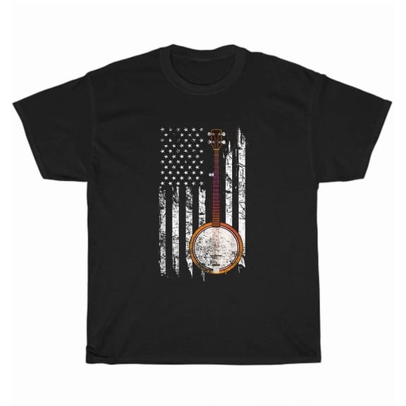 Hot Trending Tee With Bluegrass Banjo American Us Flag Patriotic Musician T-Shirt Unisex Tee Gift New