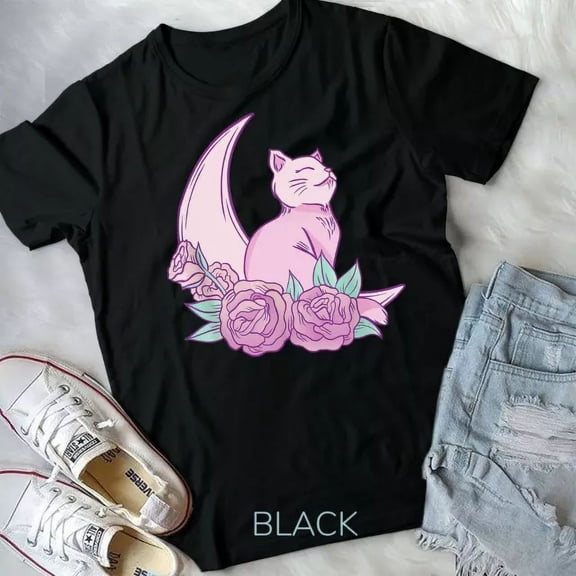 Hot Trending Tee With Cat Moon Roses Pastel Goth Aesthetic Kawaii Teen Girls Women Unisex Form T-Shirt