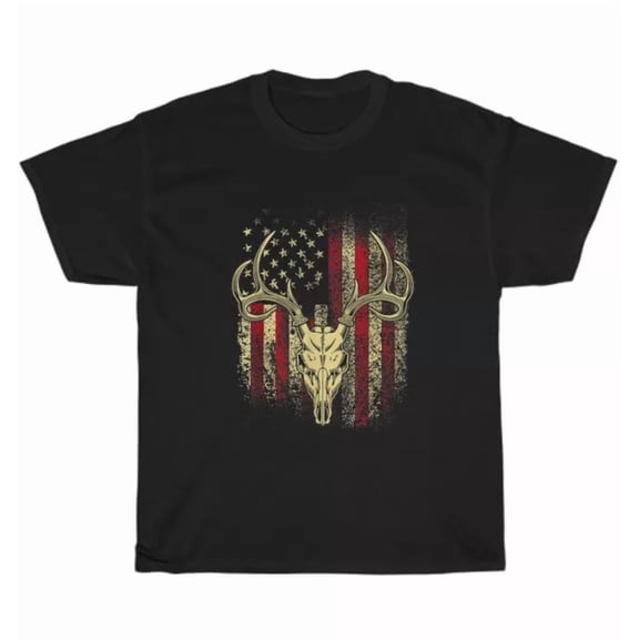 Hot Trending Tee With Deer Hunters Deer Skull American Usa Flag Elk Buck Hunting T-Shirt Unisex Gift