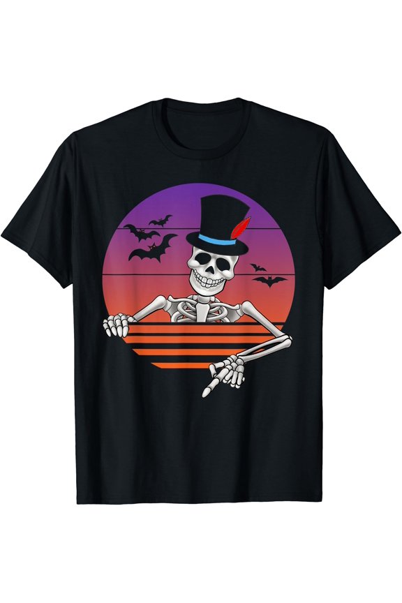Hot Trending Tee With Funny Halowen Voodoo Skeleton Wearing Top Hat Retro Sunset