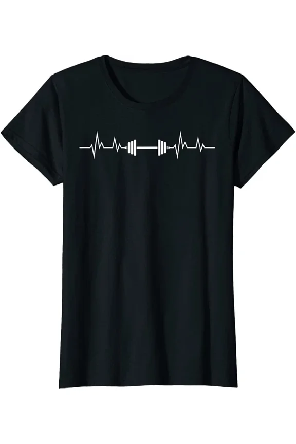 Hot Trending Tee With Heartbeat Barbell Weightlifting Sport Clothing T-Shirt