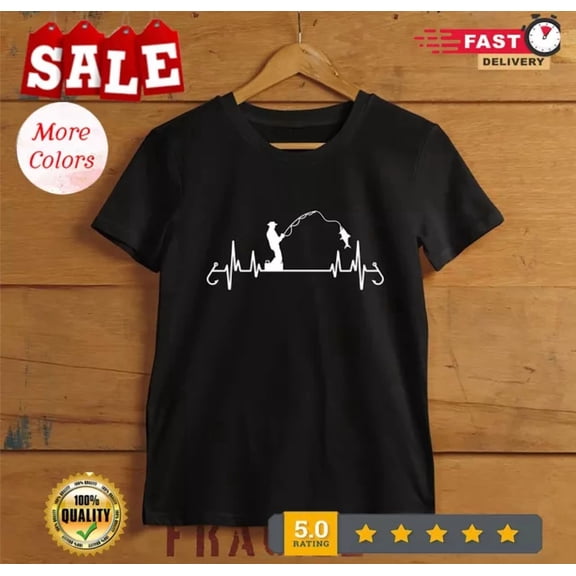 Hot Trending Tee With Heartbeat Fishing T-Shirt Fishing Heartbeat Pulse Shirt Fisherman Gift Anglin...