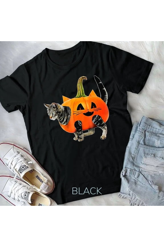 Hot Trending Tee With Jack-O-Lantern Pumpkin Cat Shirt For Men Unisex T-Shirt
