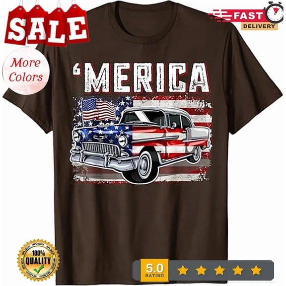 Hot Trending Tee With Merica American Flag Old Car 4Th Of July Boy Women Men T-Shirt