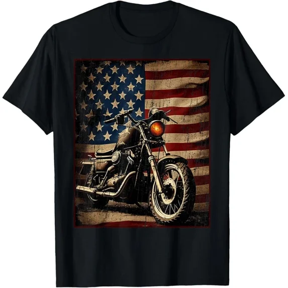 Hot Trending Tee With Motorcycle Usa Flag Retro Biker Gift Unisex T-Shirt