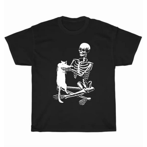 Hot Trending Tee With New Skeleton Holding A Cat Lazy Costume Skull T-Shirt Unisex Tee Gift