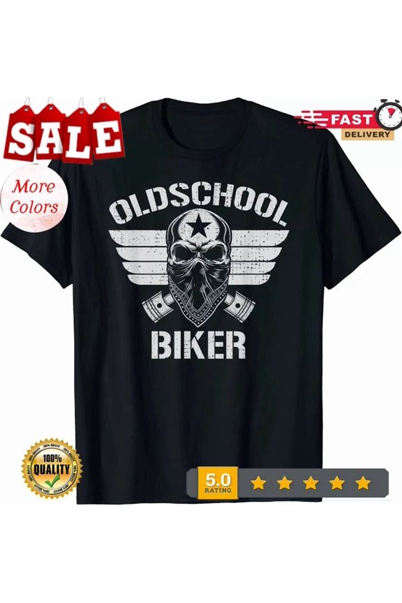 Hot Trending Tee With Old School Biker Bandana Motorcycle Bike Skull Gift Unisex T-Shirt