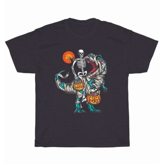 Hot Trending Tee With Scary Party Skeleton Riding Mummy Dinosaur Pumpkin Moon T-Shirt Unisex