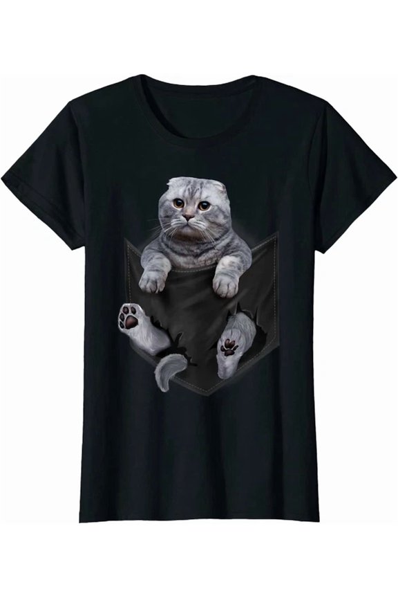 Hot Trending Tee With Scottish Fold Cat In Pocket Sweet Cat Animal Gift T-Shirt