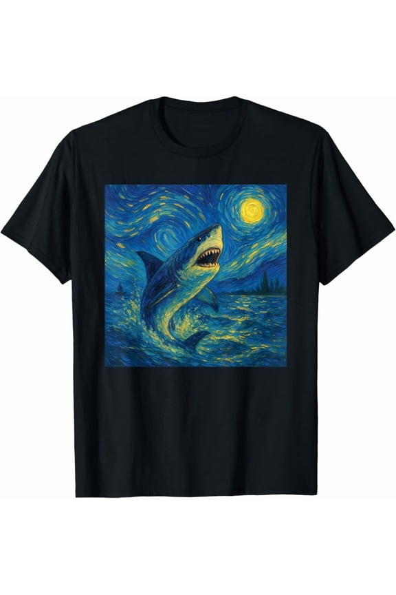 Hot Trending Tee With Shark Van Gogh Style Starry Night T-Shirt