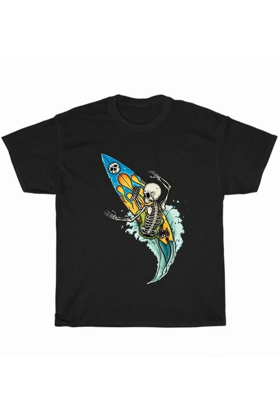 Hot Trending Tee With Surfing Skeleton Surfer Skull Board Beach Wave Holiday T-Shirt Unisex Gift