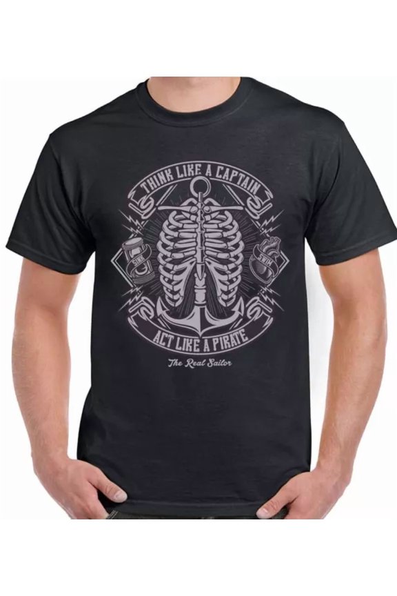 Hot Trending Tee With Think Like A Captain Act Pirate T-Shirt Mens Womens Fancy Dress Costume