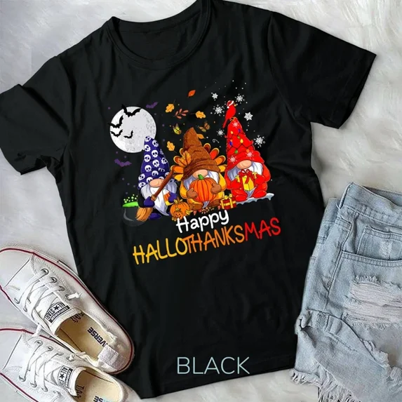 Hot Trending Tee With Three Gnomes Hallothanksmas Thanksgiving Unisex T-Shirt