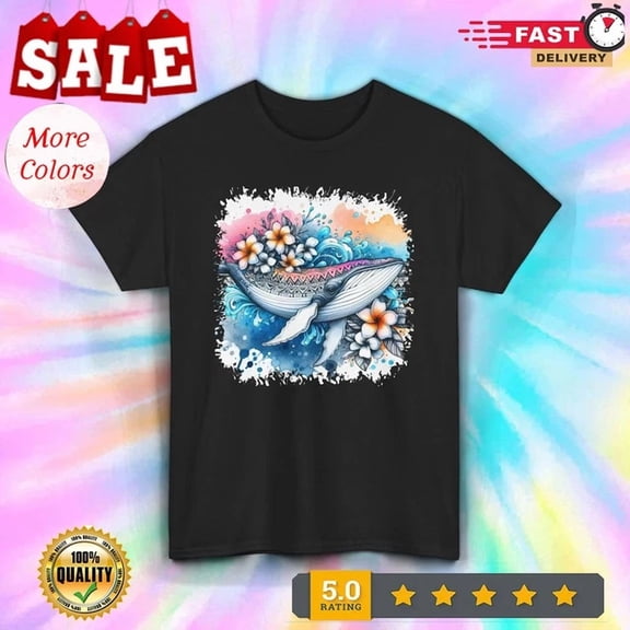 Hot Trending Tee With Tribal Whale Shirt Floral Ocean Splash Hawaii Beach Graphic Tee S-5Xl