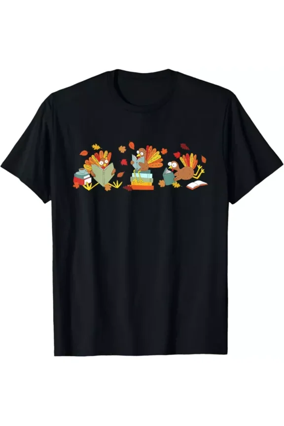 Hot Trending Tee With Turkey Reading Books Fall Thanksgiving Teacher Book Lovers T-Shirt S-5Xl Birthday Gifts; For Men & Women