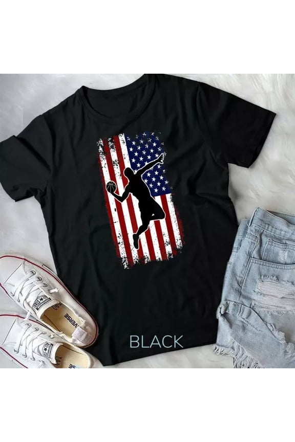 Hot Trending Tee With Vintage Basketball 4Th Of July Usa American Flag Boys Men T-Shirt Unisex T-Shirt