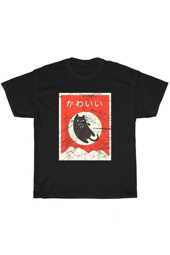 Hot Trending Tee With Vintage Japanese Black Cat Kawaii Anime Kitten Pet Lover T-Shirt Unisex Tee Gift