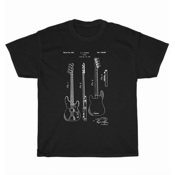 Hot Trending Tee With Vintage Patent Print 1953 Bass Guitar Player Musical Instrument T-Shirt Unisex