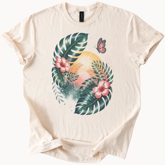 Hot Trending Tropical Floral Butterfly T-Shirt Summer Beach Nature Tee Design Preview Only