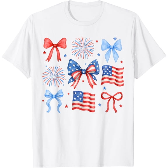 Hot Trending Usa Flag Fireworks Bows Patriotic 4Th Of July Coquette Girls T-Shirt Birthday Gifts; For Men & Women