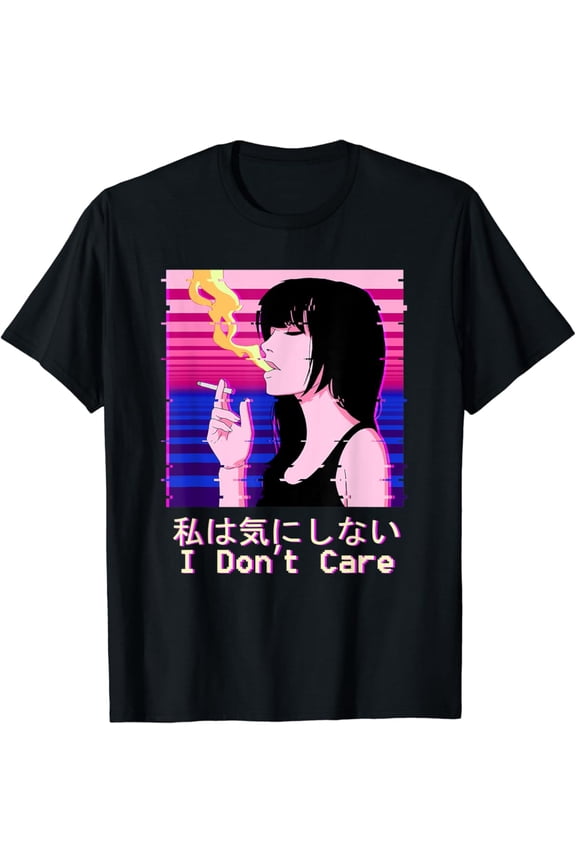 Hot Trending Vaporwave I Don't Care Japanese Graphic Sad Anime Girl T-Shirt Vintage Tee -Birthday Gifts
