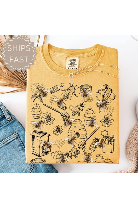 Hot Trending Vintage Bee Botanical T-Shirt, Honeycomb Doodle Shirt, Unique Honey Bees Shirt, Bee Lovers Tee, T-Shirts, Bumblebees Shirt S-5Xl Birthday Gifts; For Men & Women