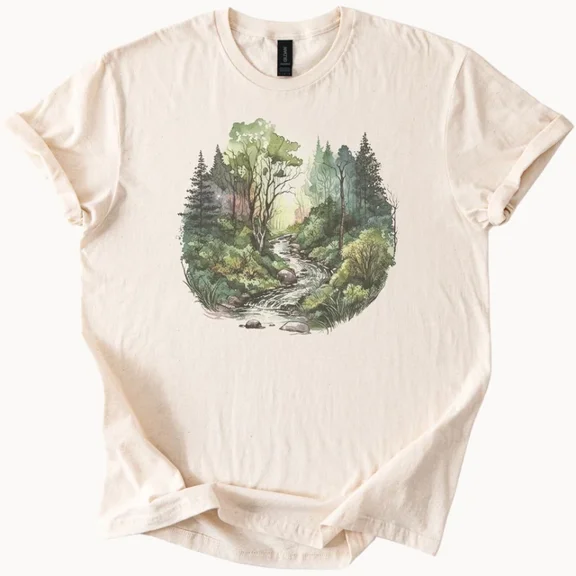 Hot Trending Watercolor Forest Stream Graphic Tee with Trees River and Nature Scene Design Preview Only