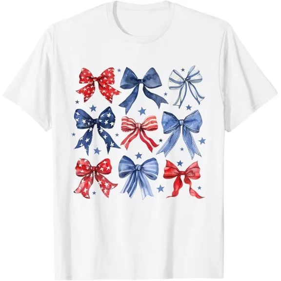 Hot Trending Womens 4Th Of July Coquette Bow Ribbon Red White And Blue T-Shirt S-5Xl Birthday Gifts; For Men & Women
