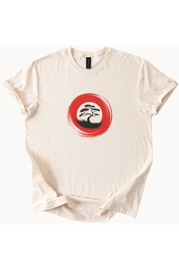 Hot Trending Zen Tree with Red Sun Circle Graphic Nature T Shirt Spiritual Art Tee Design Preview Only