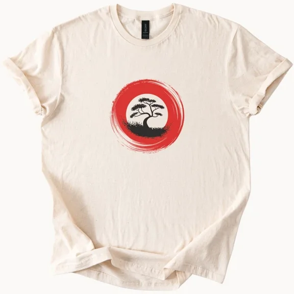 Hot Trending Zen Tree with Red Sun Circle Graphic Nature T Shirt Spiritual Art Tee Design Preview Only
