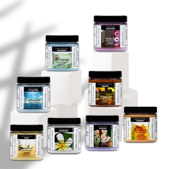 Hot Tub Aromatherapy Bath Salt 8-Pack Botanicals Bundle (4oz) - Apple Sandalwood, French Vanilla, Flora Wood, Ocean Breeze Pina Colada, Honey Mango,Tropical Rain, Eucalyptus, with Hot Cold Towel