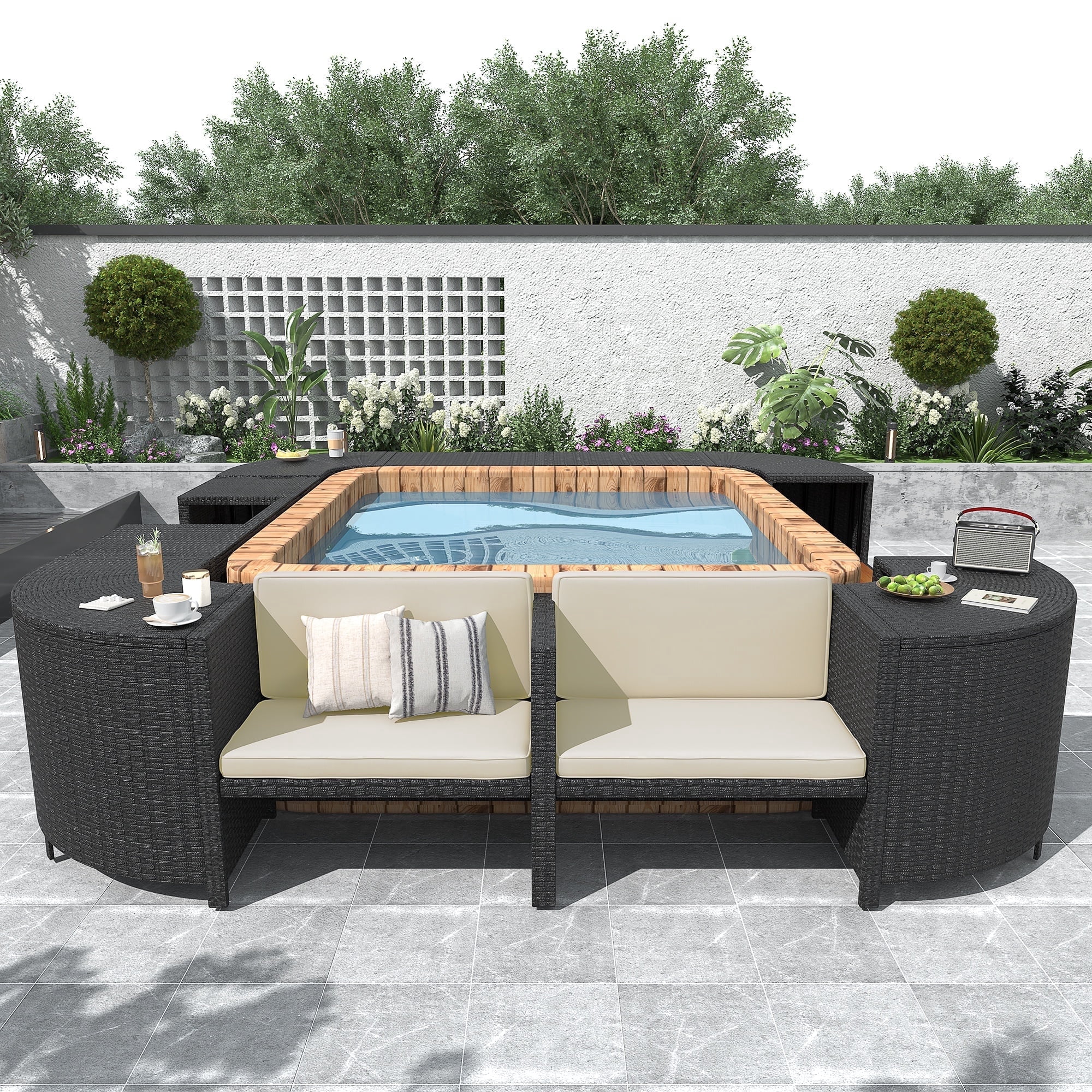 Hot Tub Outdoor Rattan Furniture Set, Surround Outdoor Spa Sectional Sofa Frame, Loveseat with Beige Cushions, Wooden Bench, Storage Cabinet, Large Top Space