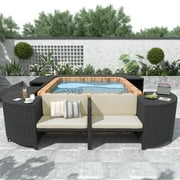 Hot Tub Outdoor Rattan Furniture Set, Surround Outdoor Spa Sectional Sofa Frame, Loveseat with Beige Cushions, Wooden Bench, Storage Cabinet, Large Top Space