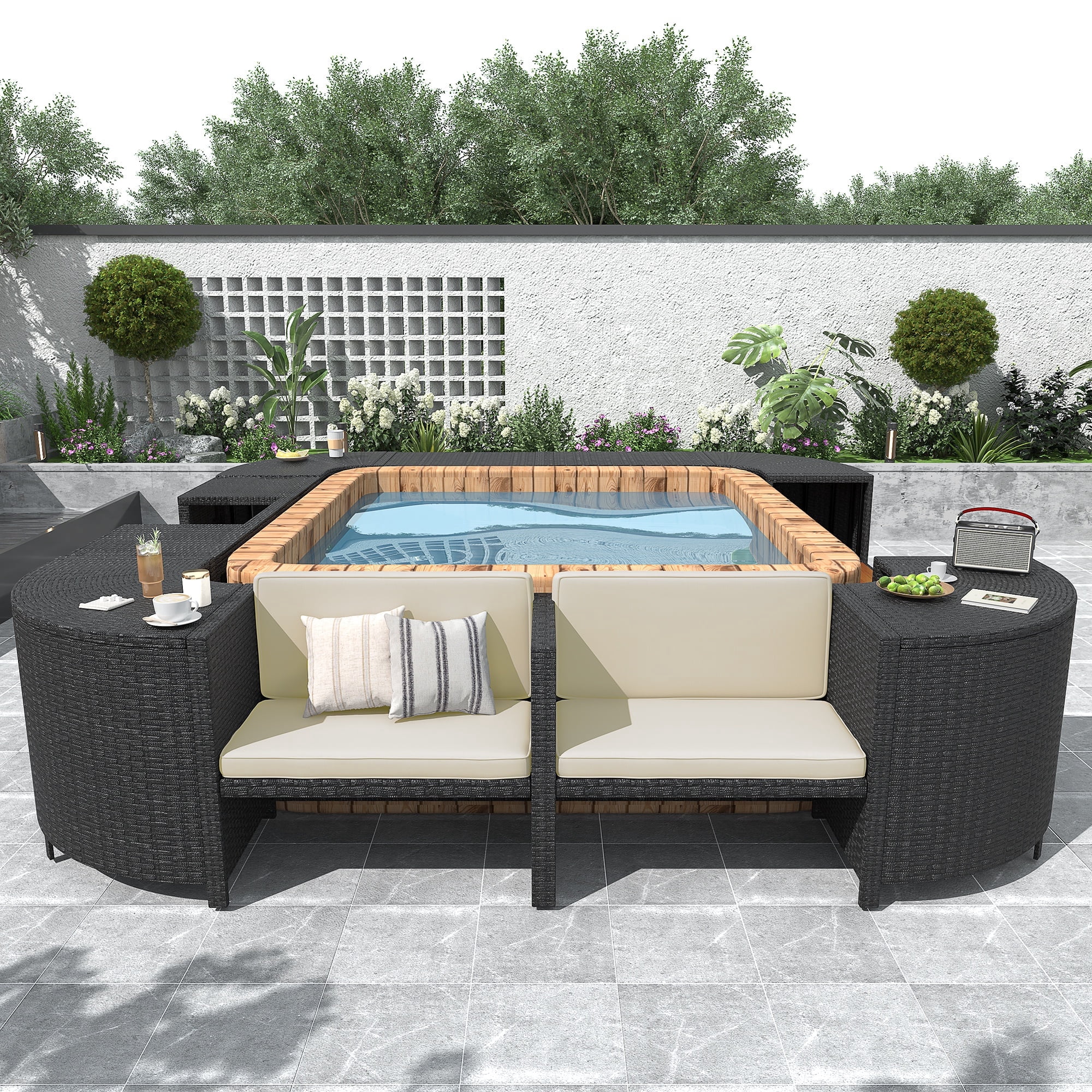 Hot Tub Outdoor Rattan Furniture Set, Surround Outdoor Spa Sectional ...