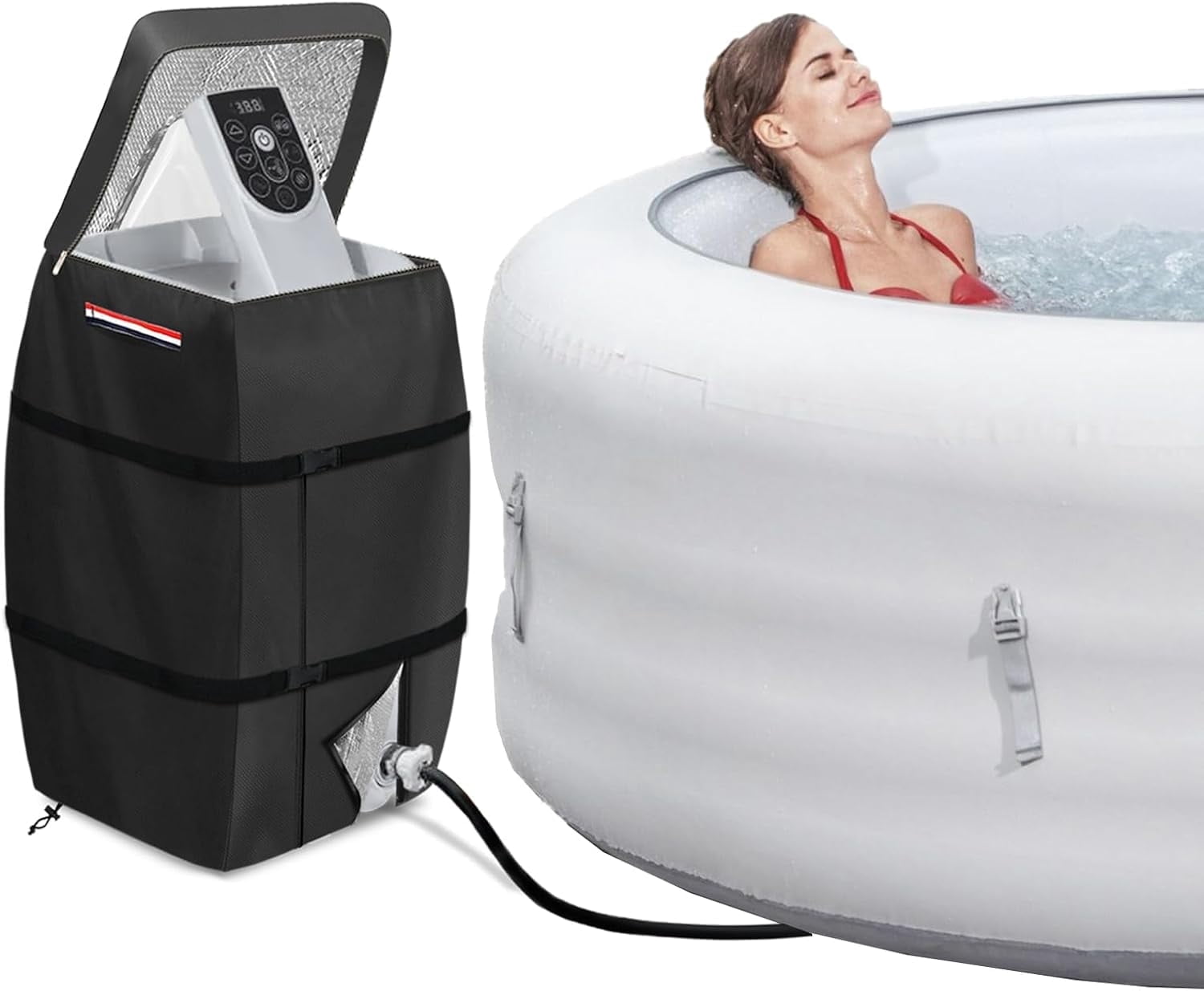 Hot Tub Pump Cover, Hot Tub Insulated Pump Cover, Hot Tub Spa Heater Pump Cover with Colorful Handles, Dustproof, Waterproof, and UV-Resistant, Upgraded and Thickened for Spa Heaters (Black)