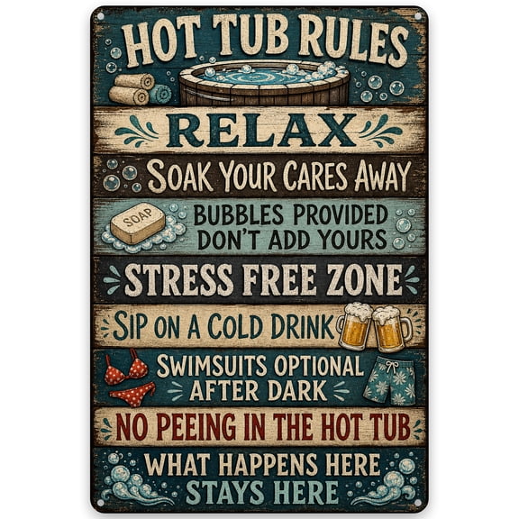 Hot Tub Rules Metal Wall Decor Sign, Relaxation Fun Theme, Stress-Free Zone Vintage Style, Indoor Outdoor Use, Easy Hanging Iron Plaque, 8x12 Inch Rustic Home Decoration