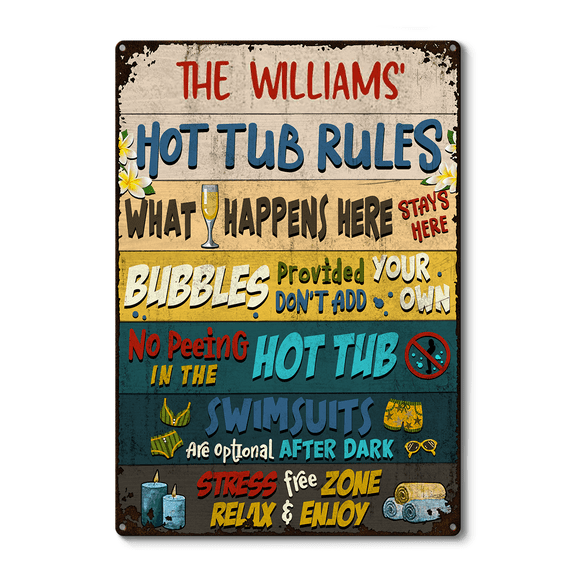 Hot Tub Rules What Happens Here Metal Sign, Funny Spa Decor, Outdoor Relaxation Wall Art, Size 8x12