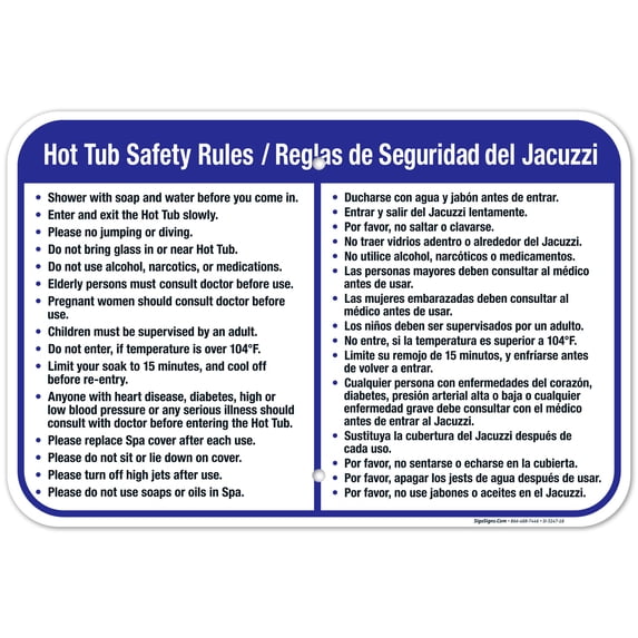 Hot Tub Safety Rules Sign, Bilingual English Spanish, 12x18 Aluminum