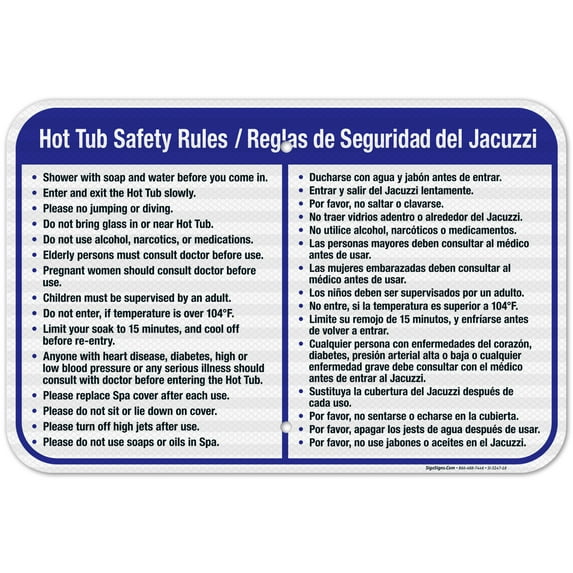 Hot Tub Safety Rules Sign, Bilingual English Spanish, 12x18 Reflective Aluminum EGP