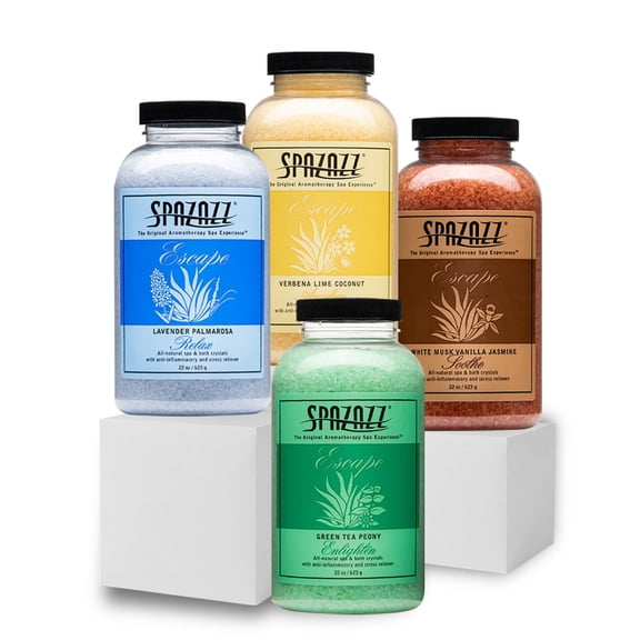 Hot Tub & Spa Bath Salt Aromatherapy Crystals Gift Set - Spazazz Escape Collection Bundle 4-Pack (22oz Each) - Lavender Palmarosa, Verbena Lime Coconut, Green Tea Peony, White Musk Vanilla Jasmine