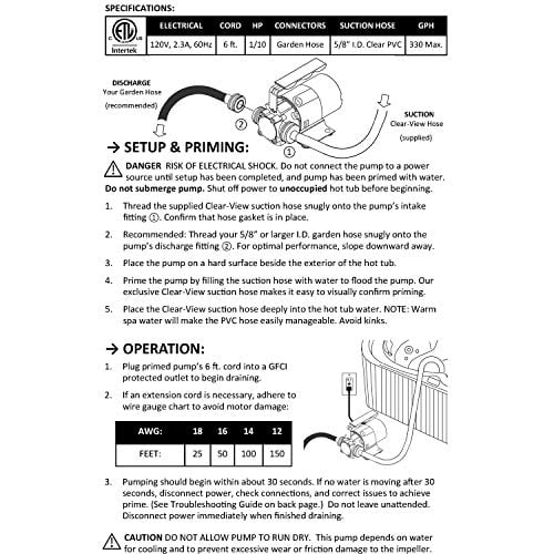 Hot Tub Spa Draining Pump with 10ft ClearView Suction Hose 120V