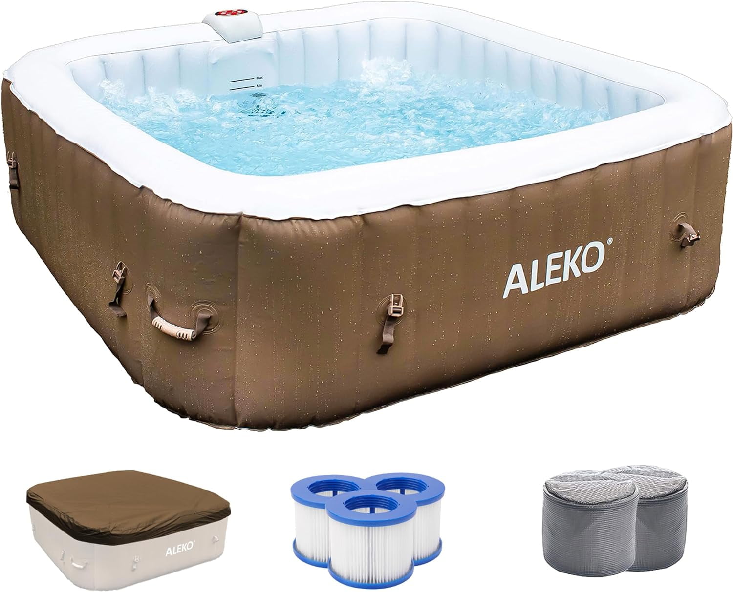 Brown and White 6-Person Square Inflatable Hot Tub Spa with Cover