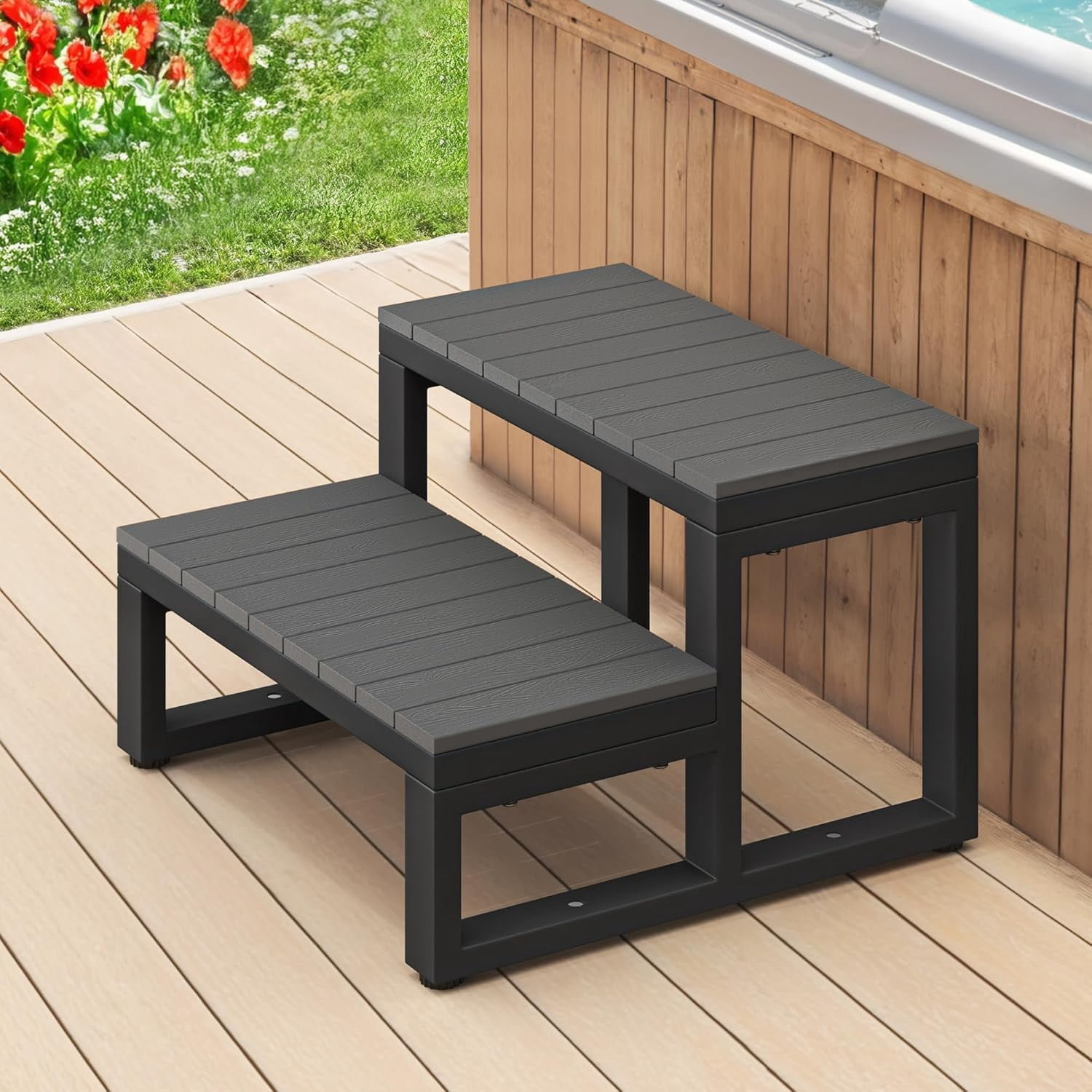 Multi Side Step Hot Tub Steps, Outdoor 2-Step Stool with HDPS Treads and Aluminum Frame ...