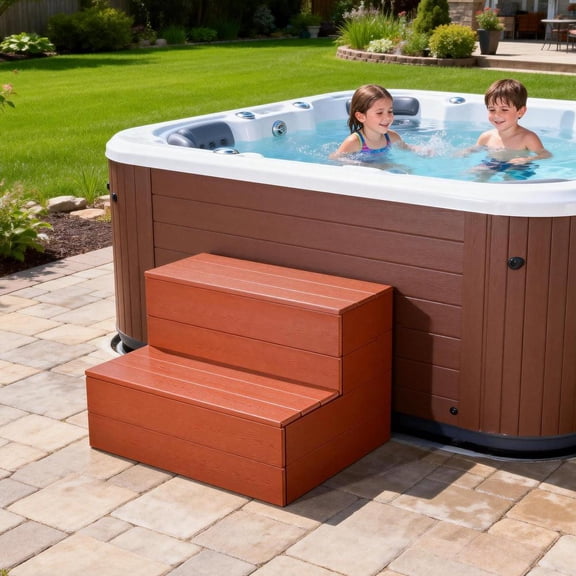 Hot Tub Steps, Universal Heavy Duty Spa & Hot Tub Step, Wood Looking Plastic Steps for Hot Tub, Use for Round or Straight Sided Spa, Non-Slip Steps for Outdoor/Indoor, 600lbs Load Capacity