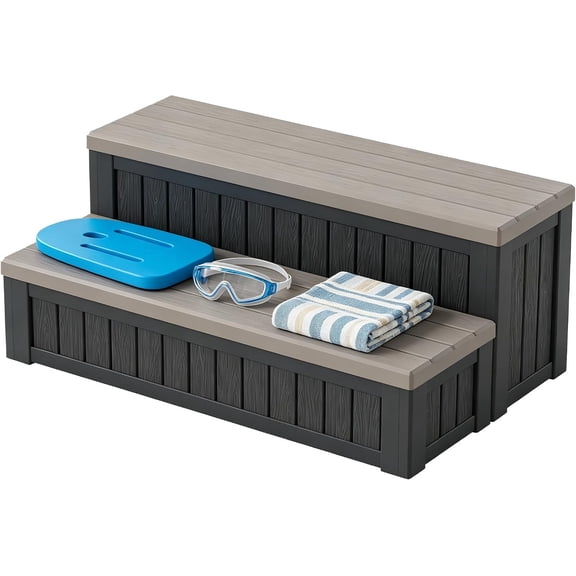 Hot Tub Steps with Storage 36.6" L Gray |  Plastic Outdoor  Stairs, Deck & Dock Access Stool