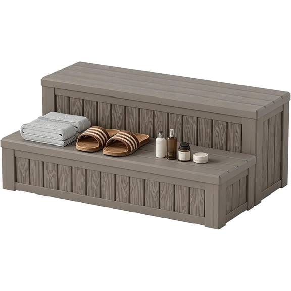 Hot Tub Steps with Storage 36.6" L Light Brown | Plastic Outdoor Stairs, Deck & Dock Access Stool