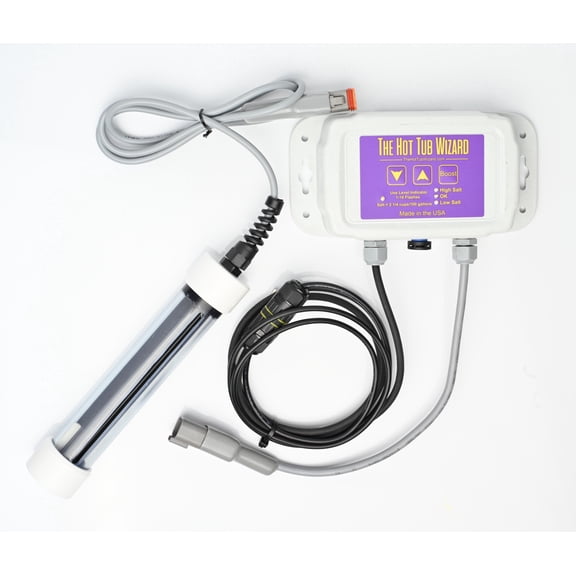 The Hot Tub Wizard-Hot Tub Salt Chlorine Generator - Keeps It Clean & Clear and Helps Prevent Rash & Itch - Easily Convert Any Hot Tub or Spa to Mild Salt Water - Saltwater Chlorinator - Made in USA