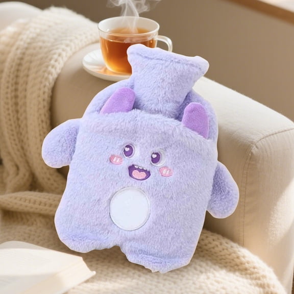 Hot Water Bottle with Cute Animal Cover, Cute Stuffed Cartoon Patterns Hand Feet Warmer Accessories with Warm Plush Furry Cover for Neck and Shoulder (Purple, Animal)