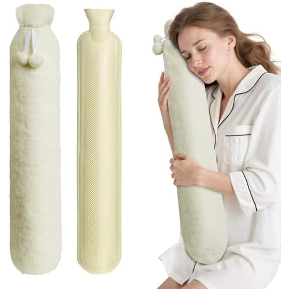Hot Water Bottle with Cover, 2L Rubber Hot Water Bag with Soft Cover (2 Liter), for Cramps, Compress Pain Relief, Removable Hot Cold Pack (Beige)